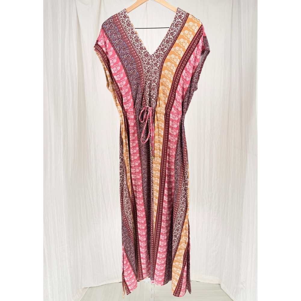 Cactus + Pearl Boho Stripe Maxi Dress Tie Waist Pink Mustard Size L